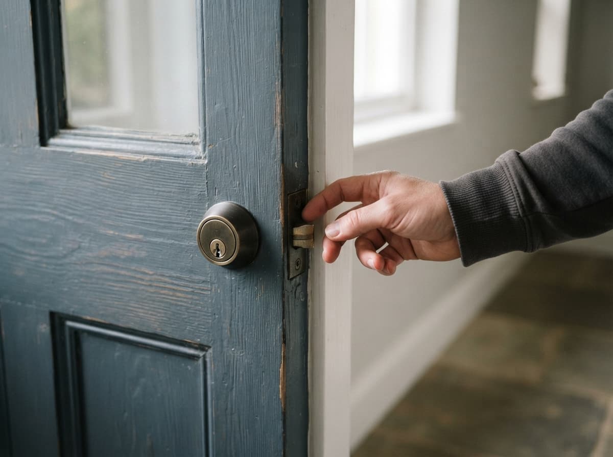 Gros plan d'une main vérifiant l'écart entre une porte en bois et son bâti, avec la serrure et le cylindre visibles.