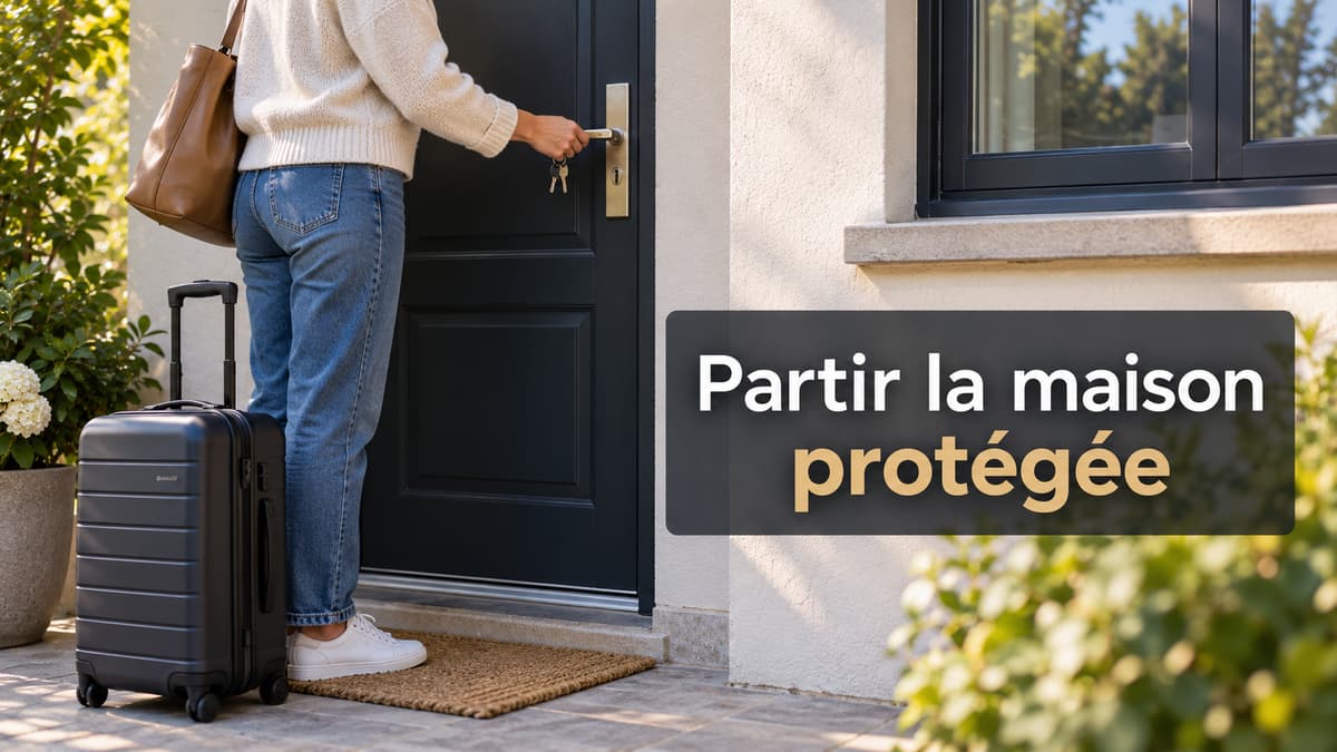 Une main tourne une clé dans la serrure d'une porte d'entrée fermée, une valise posée à côté, une fenêtre voisine fermée, avec le texte « Partir la maison protégée » en surimpression.