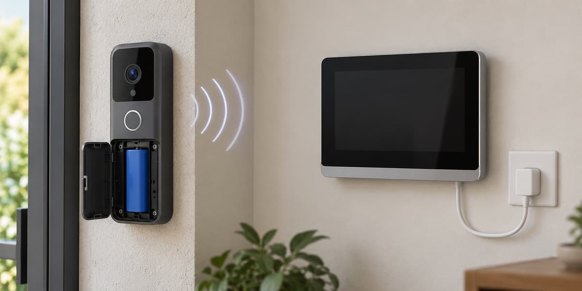 Platine de visiophone sans fil avec compartiment à batterie visible, moniteur mural relié à une prise électrique et arcs symbolisant la liaison radio entre les deux appareils.